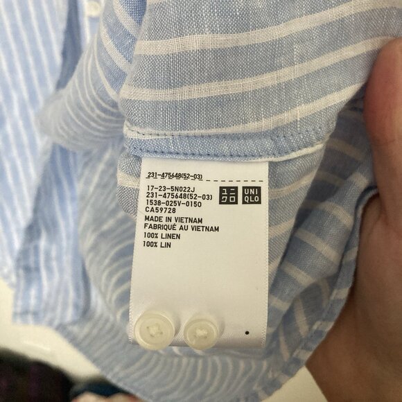 Uniqlo Women’s Linen Shirt Button Up Blue Striped Size L - Picture 3 of 5